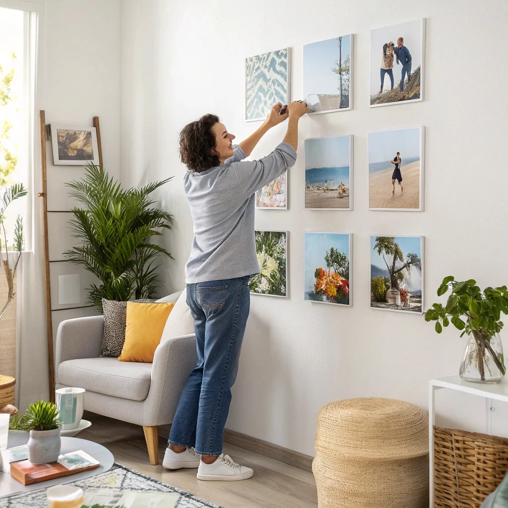 Woman rearranging Mixtiles Photo Tiles on a living room wall.