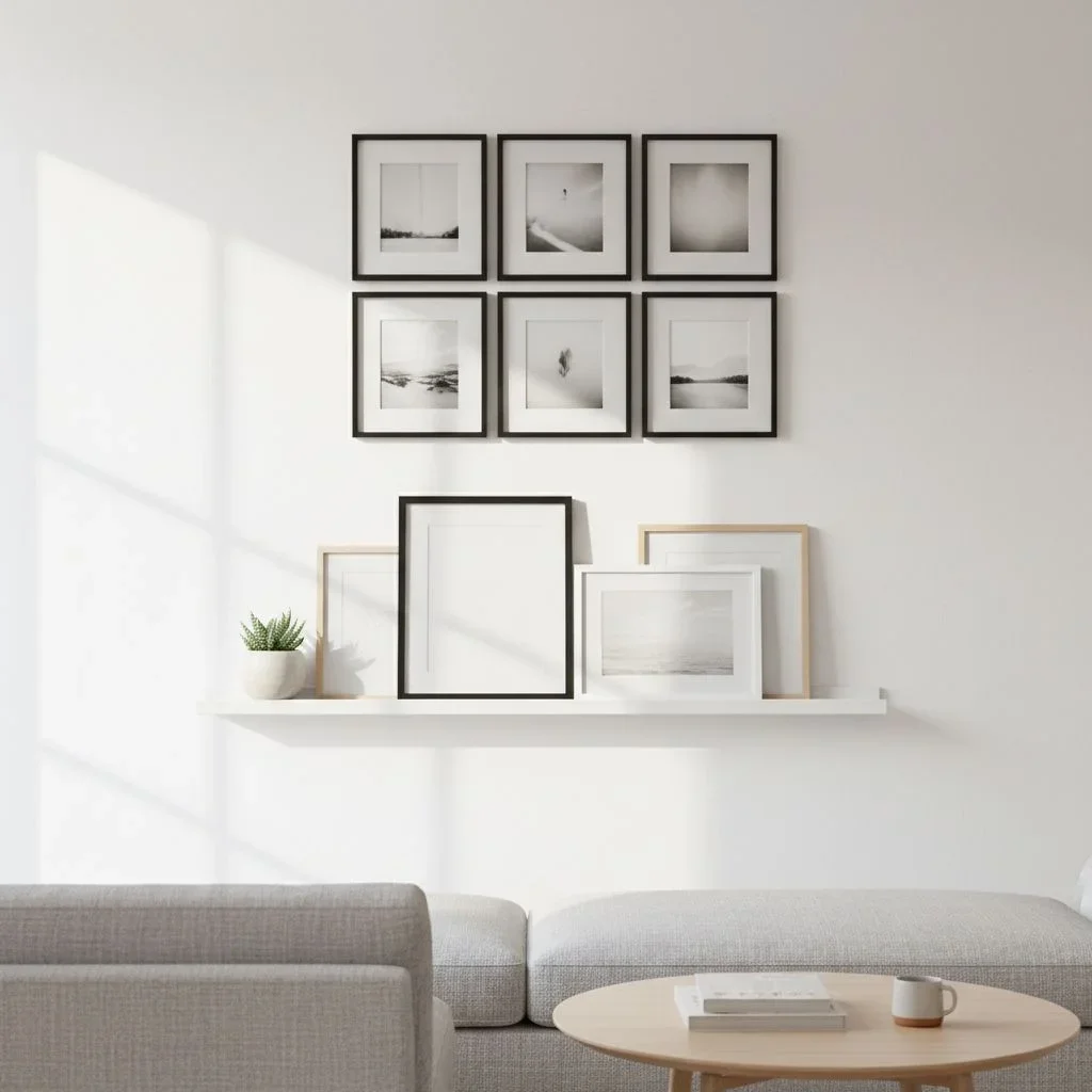 Floating ledge with layered art and photo gallery