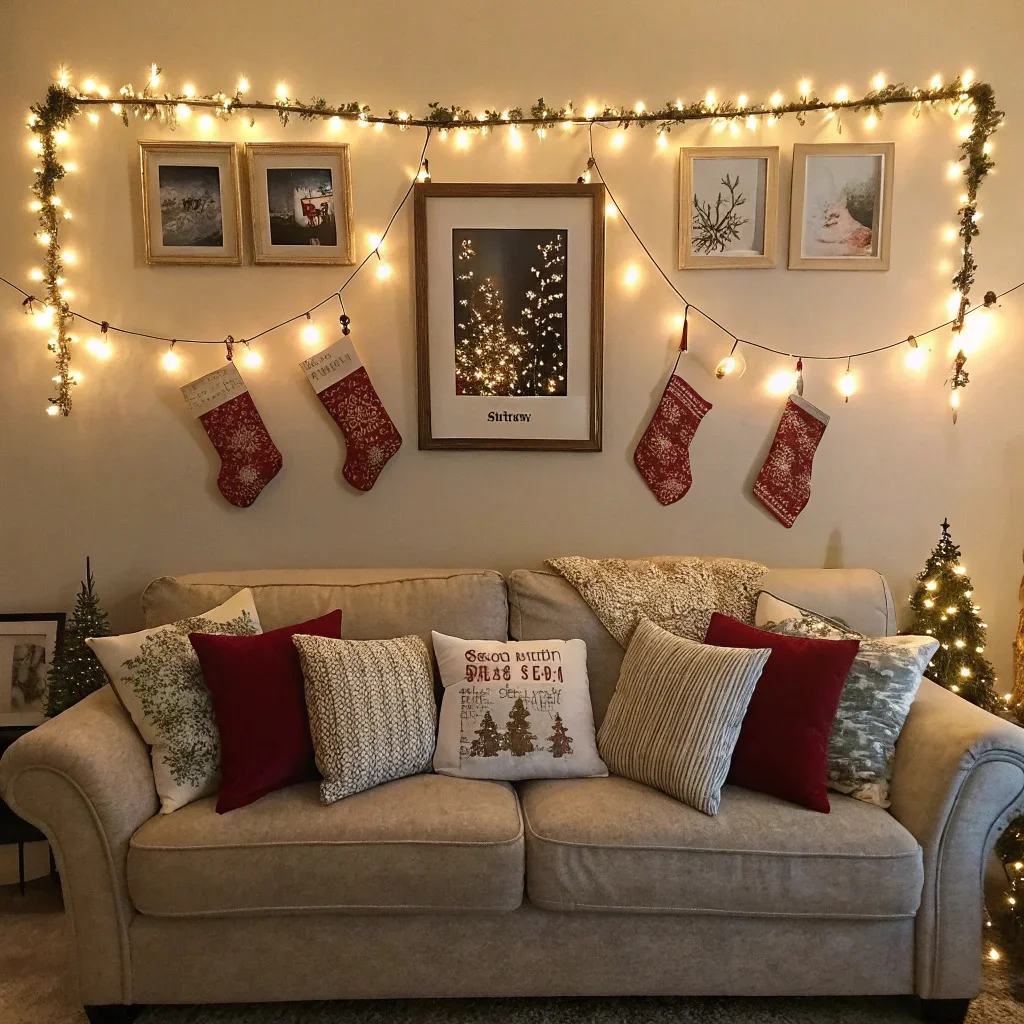 A cozy Christmas living room with a gallery wall above the sofa, throw pillows and stockings echoing the same colors, string lights framing the display, and a mantel arc with a central family portrait and smaller photos stepping down on each side.