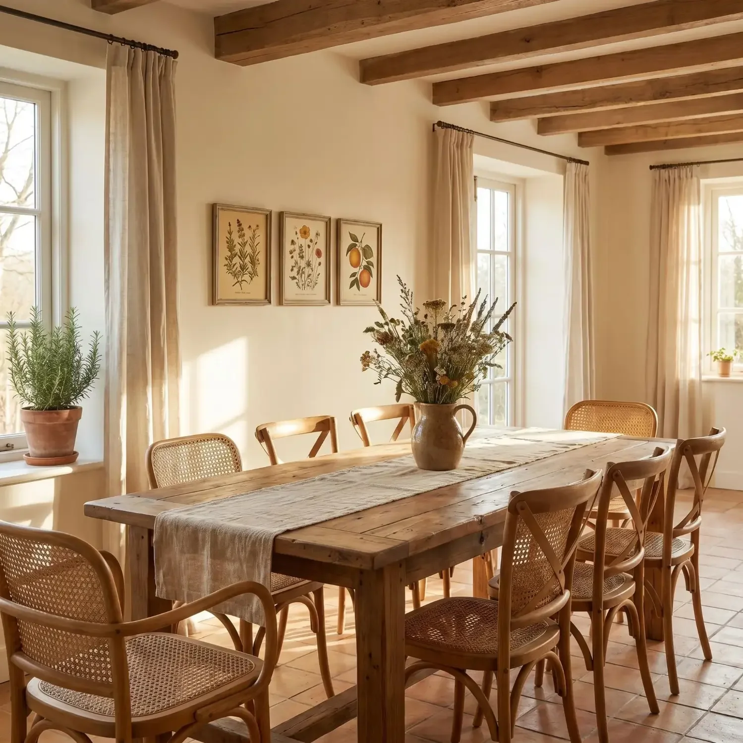 Vintage botanical prints in farmhouse dining room