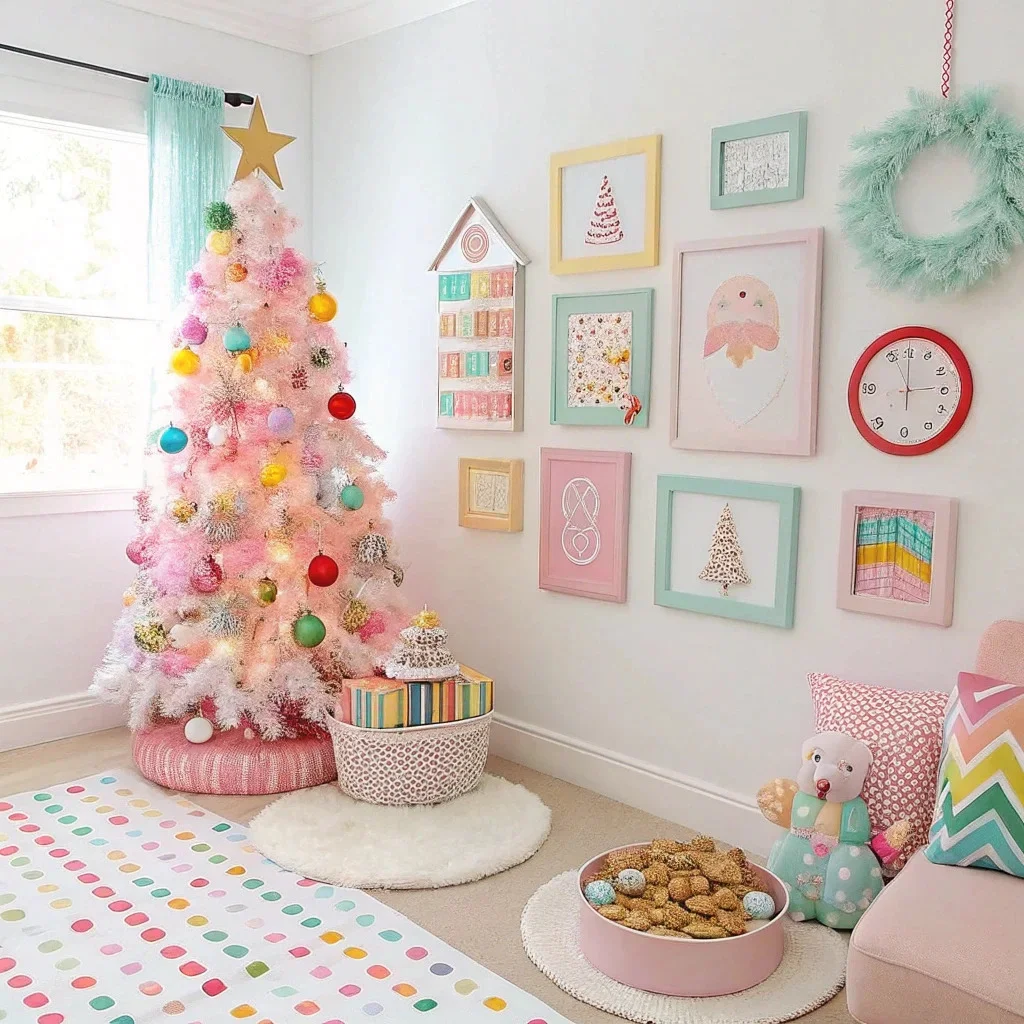 A playful Christmas room decorated with pastel candy colors, novelty ornaments, kids’ crafts, gingerbread photos, and a colorful cluster of framed holiday memories near the tree.