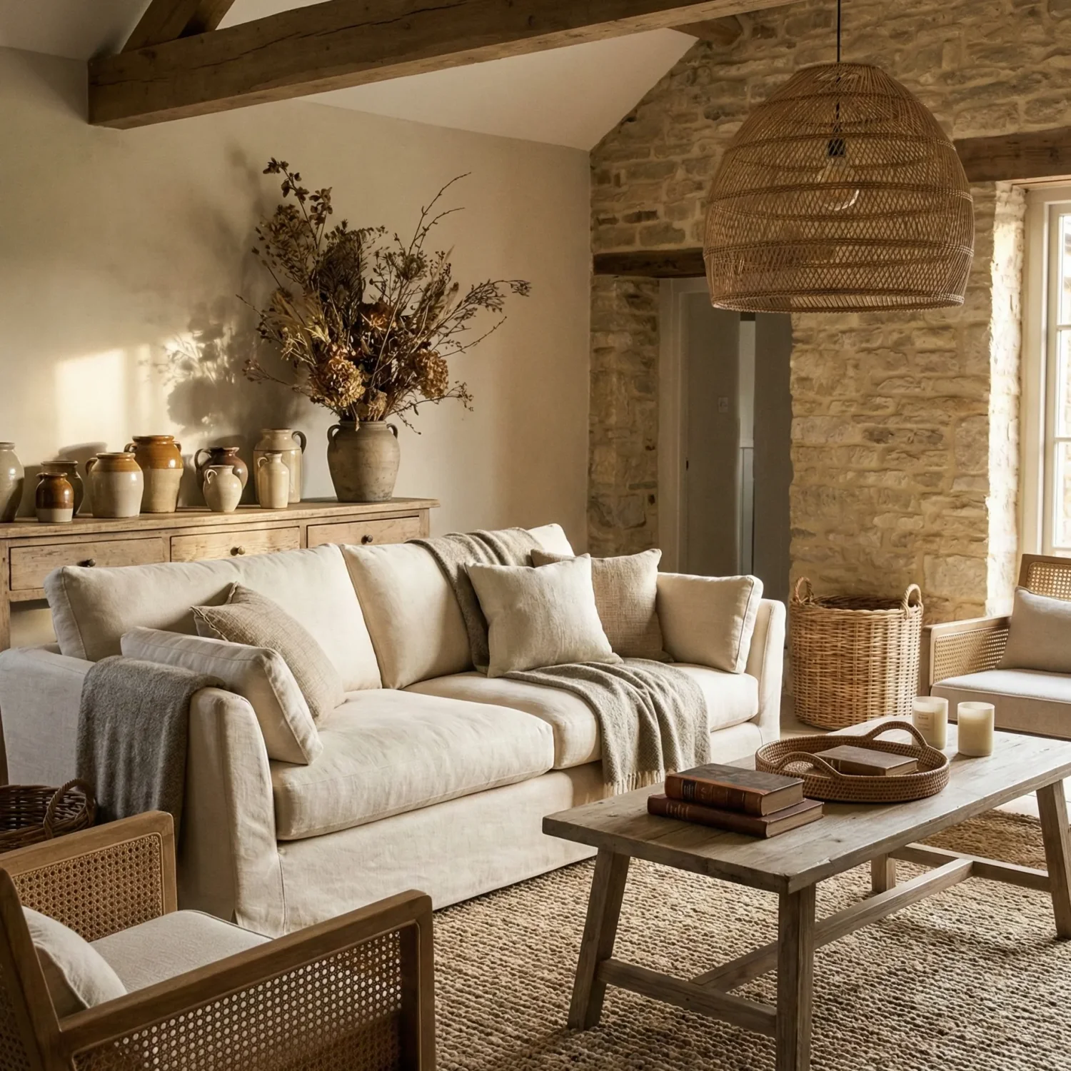 Warm rustic living room with linen sofa and woven pendant.
