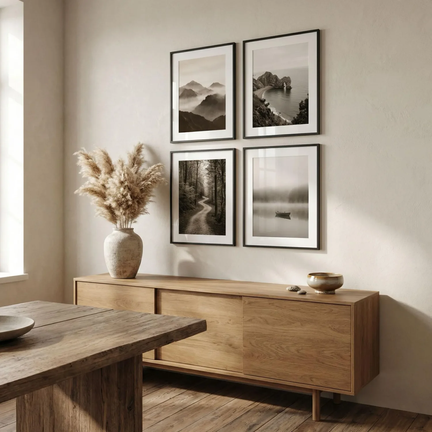 2x2 grid framed pictures above dining room buffet