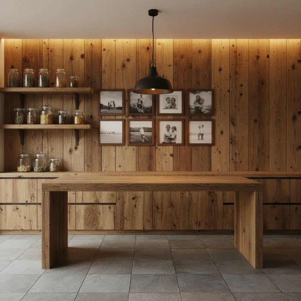 Rustic kitchen with reclaimed wood and walnut frames