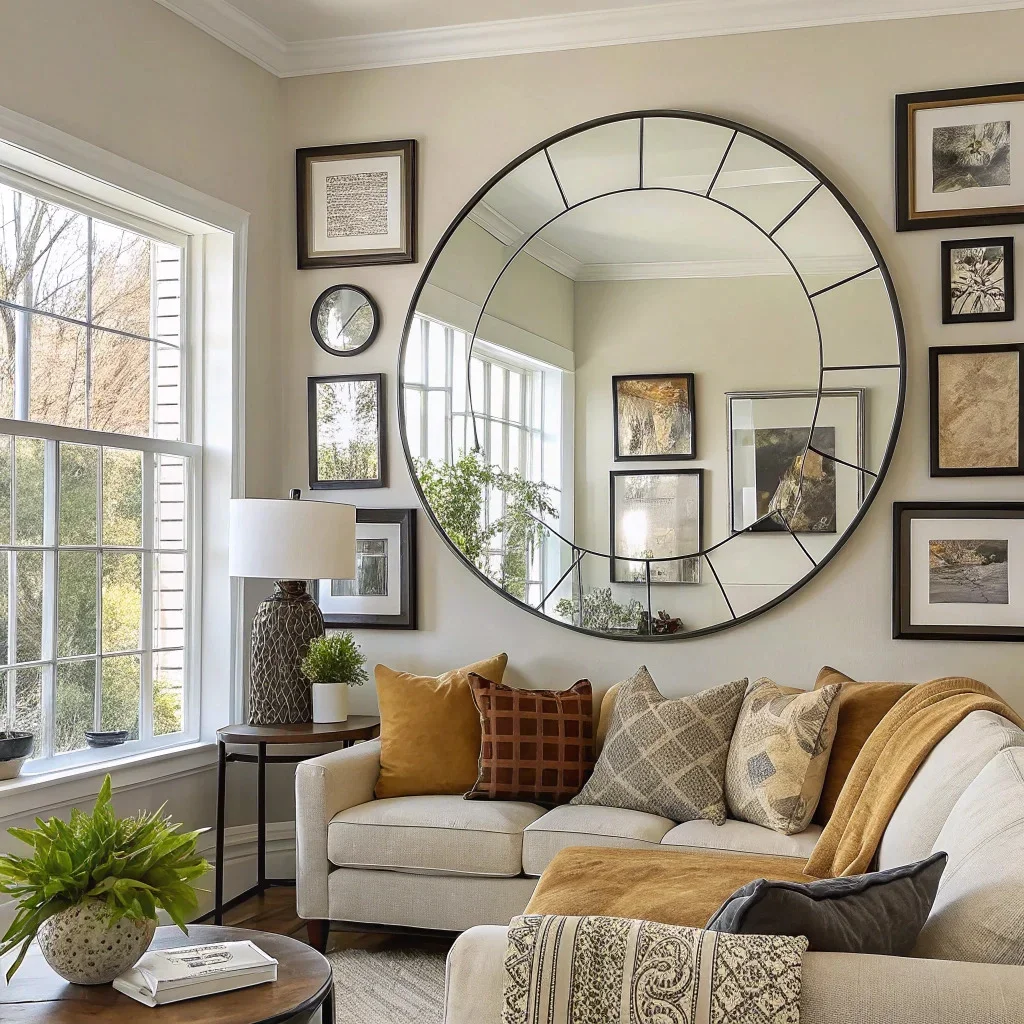 Living room wall with large round mirror and surrounding framed prints.