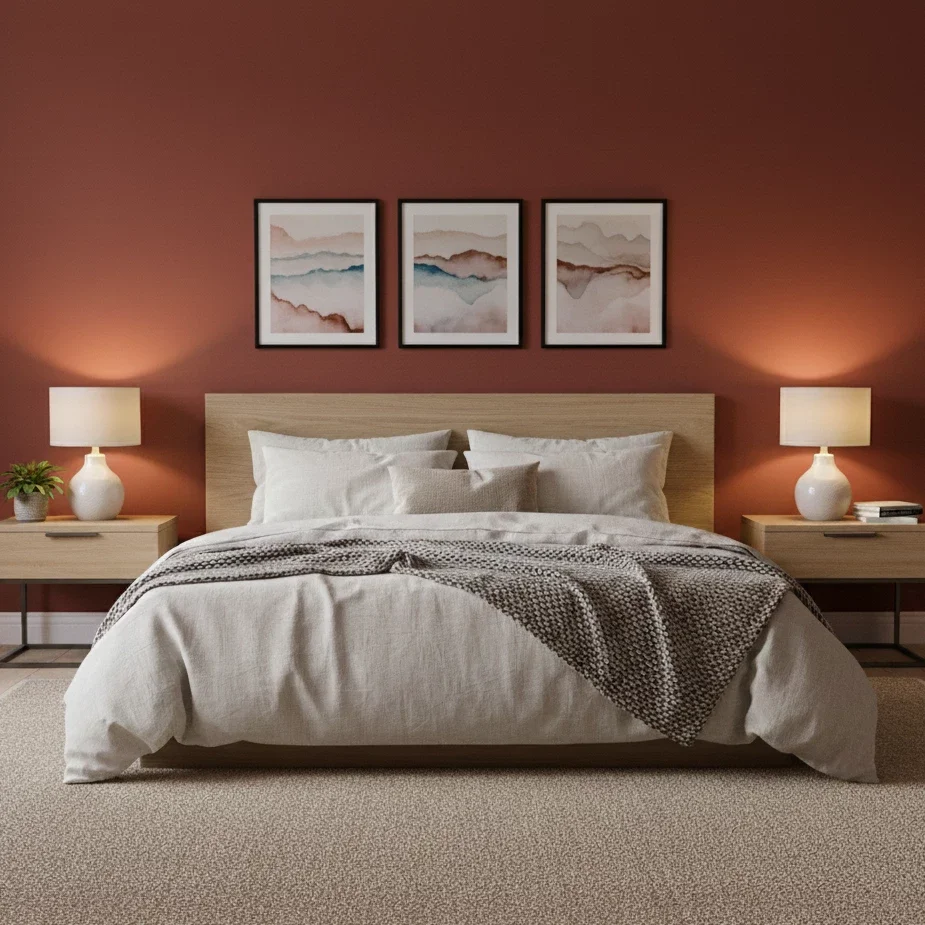 Modern bedroom with terracotta wall and abstract framed art.