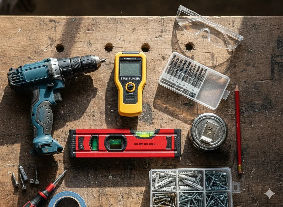 drill, level, stud finder, and other tools arranged on workbench