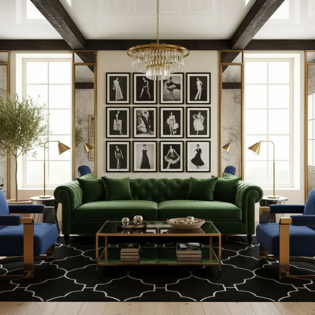 Hollywood glam interior with luxe finishes and art