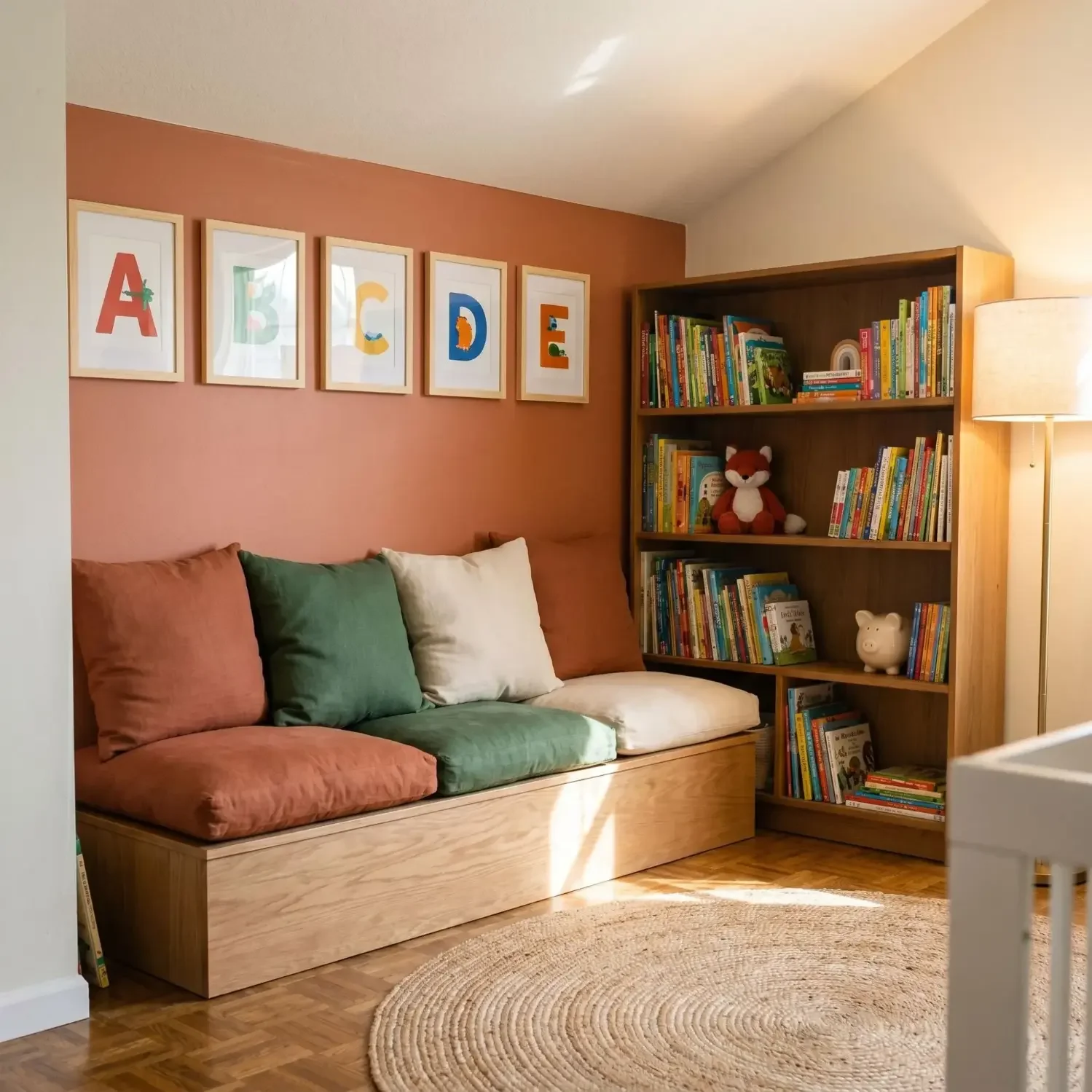 Alphabet letter frames in a colorful reading nook