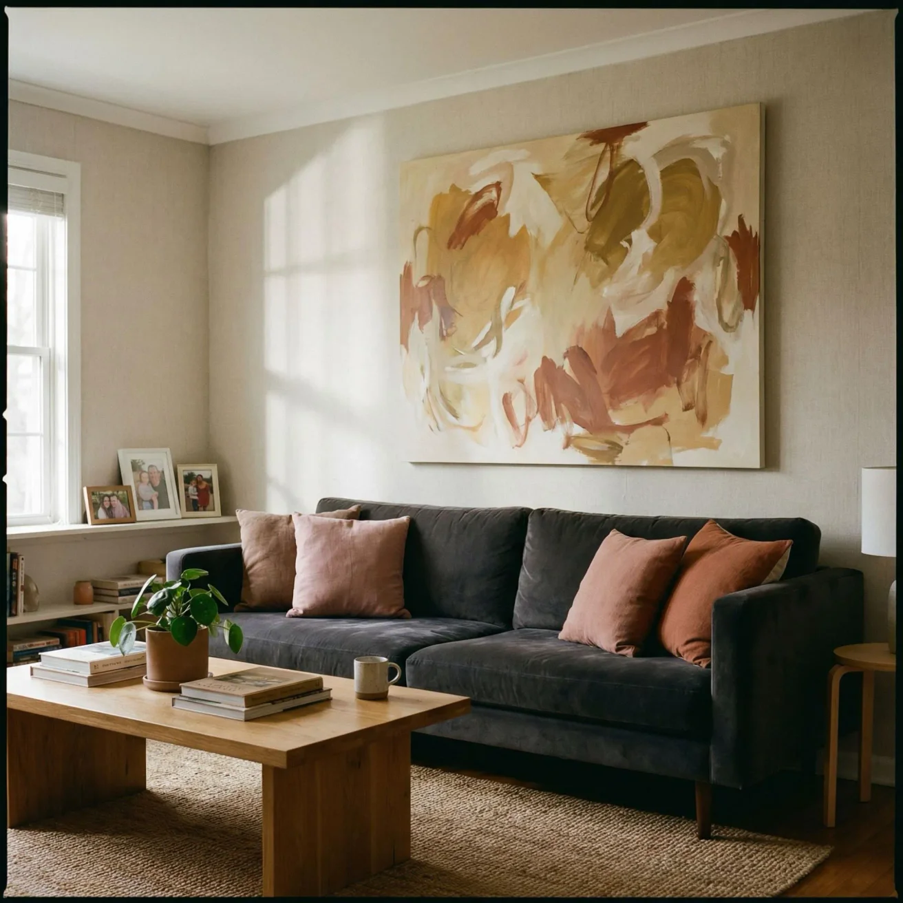 Large abstract canvas above sofa in living room