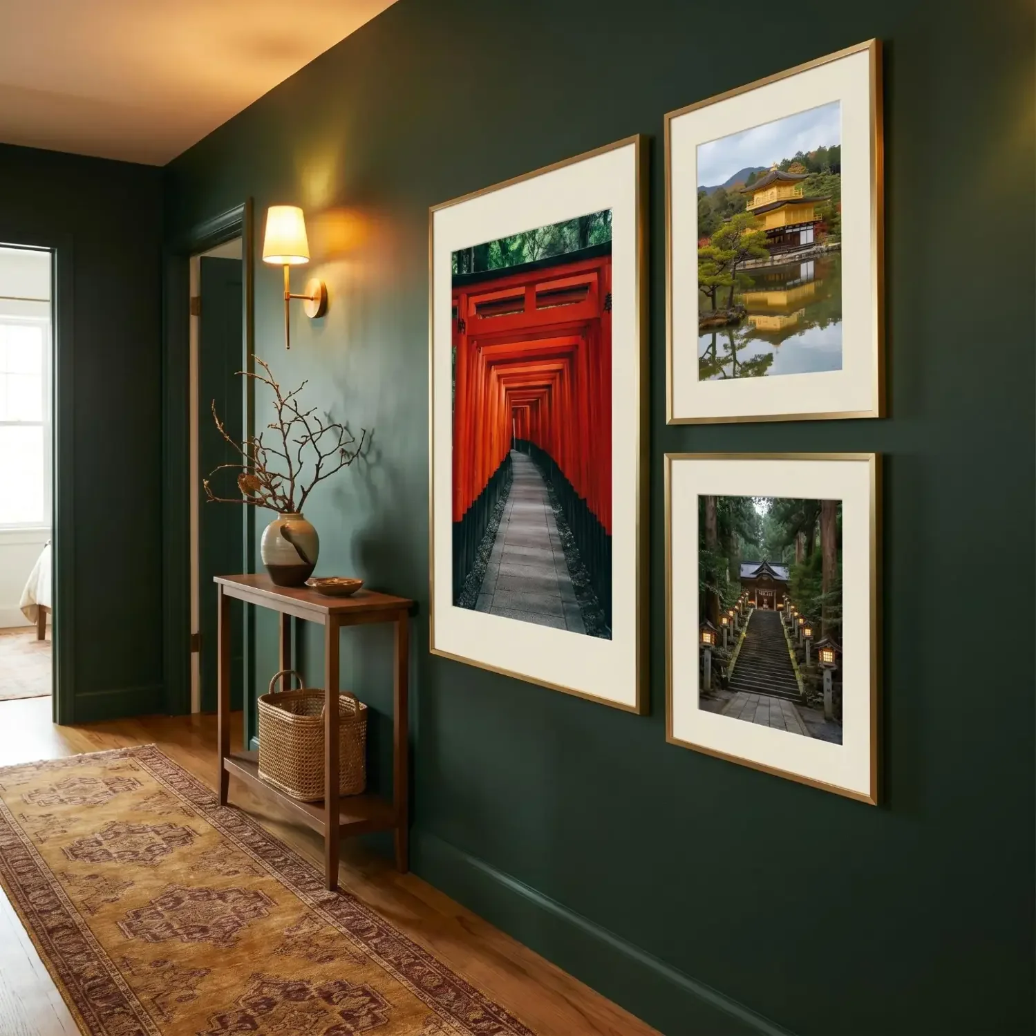 Torii gate framed photos in hallway