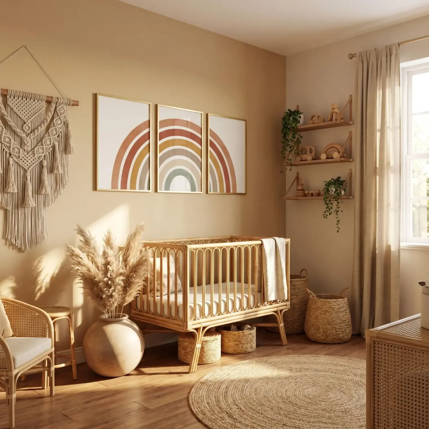 Boho rainbow nursery decor with earthy tones