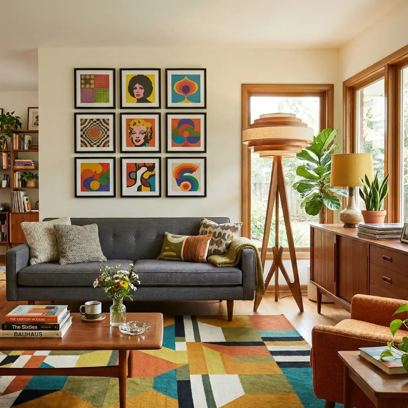 Retro living room with pop art gallery wall and colorful rug