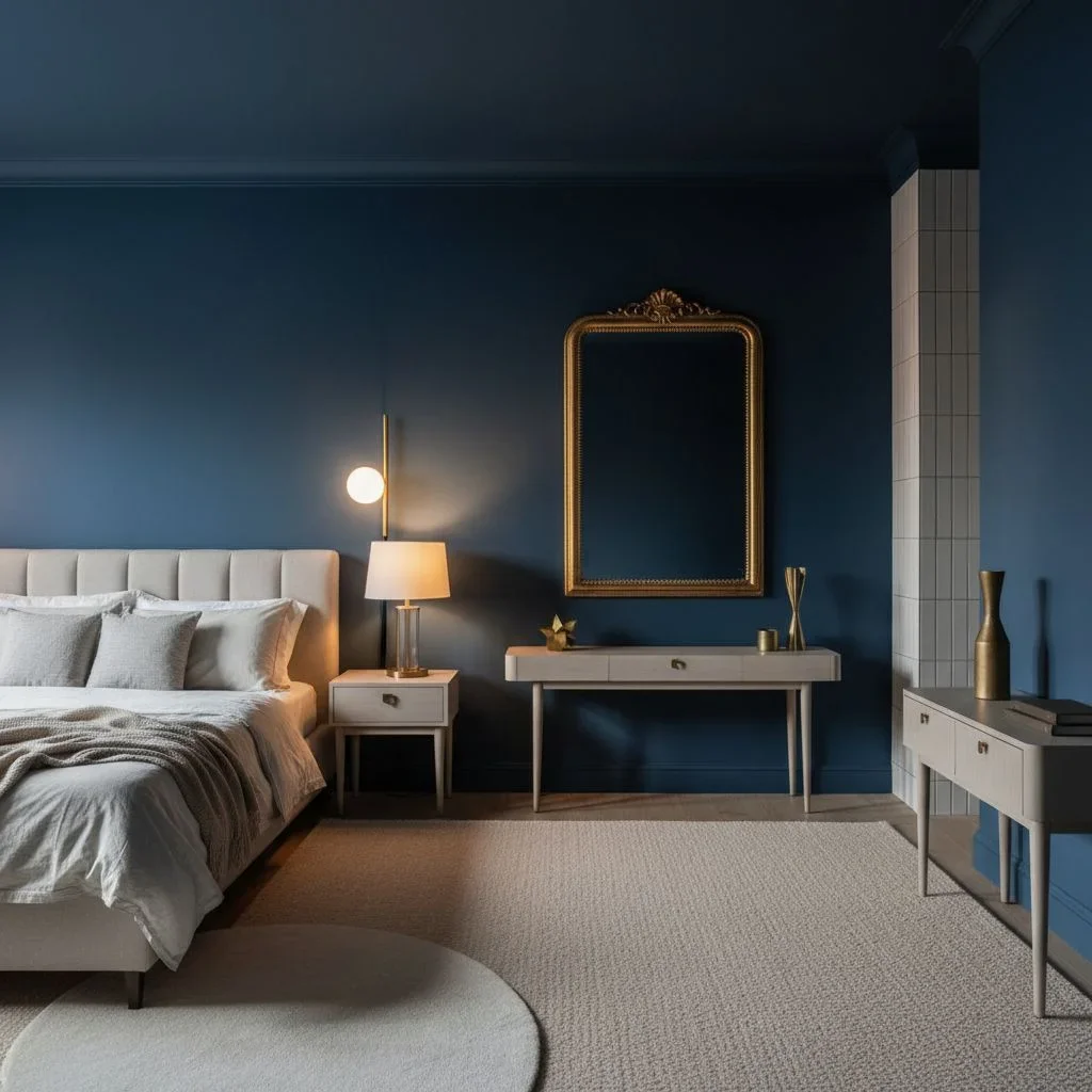 dark paint contrast with furniture to create larger feel