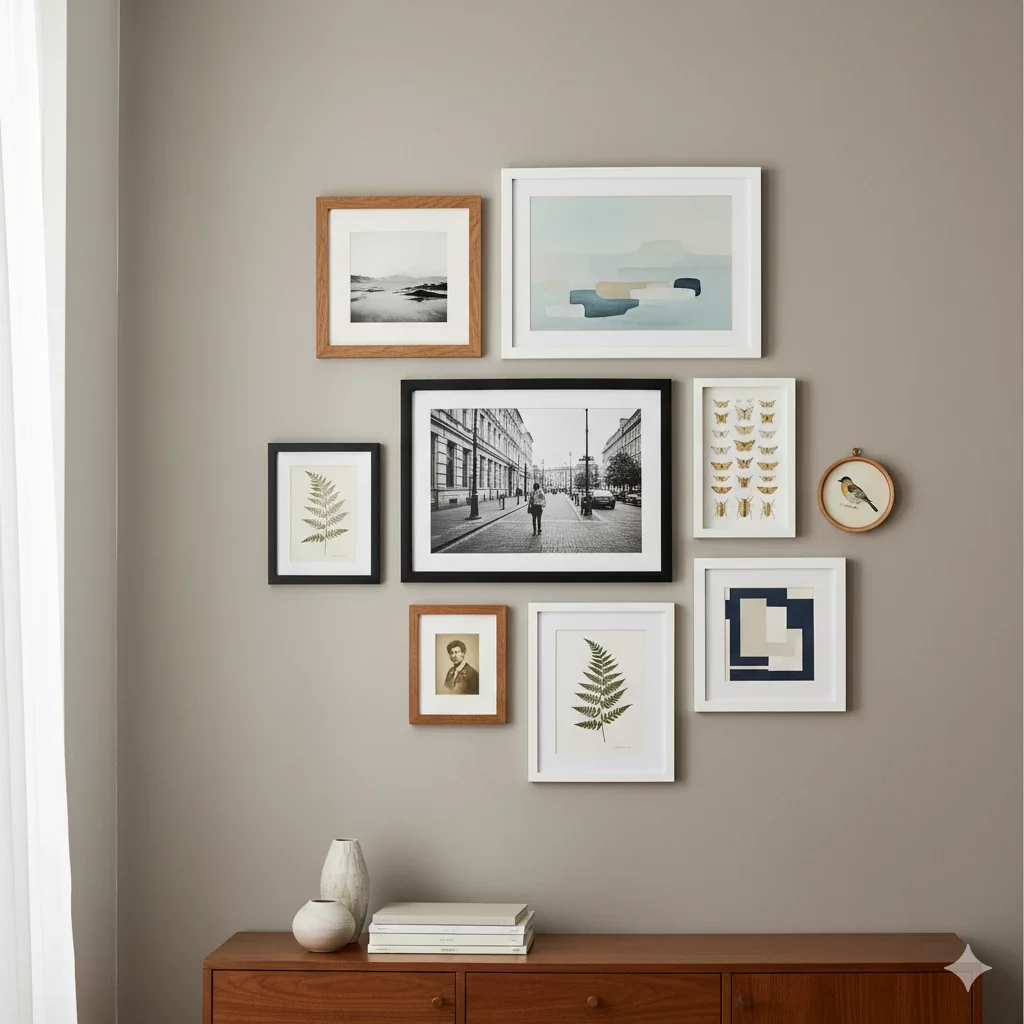 gallery wall above wood credenza on taupe wall