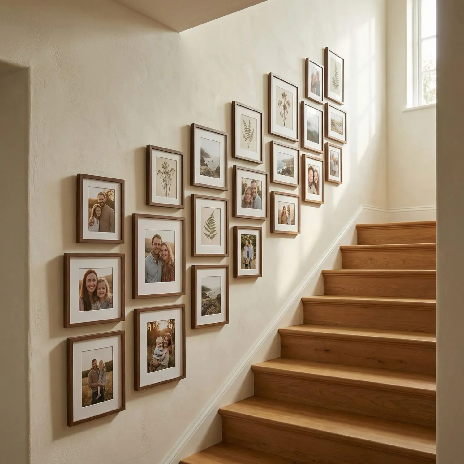 Staircase diagonal gallery wall with framed photos
