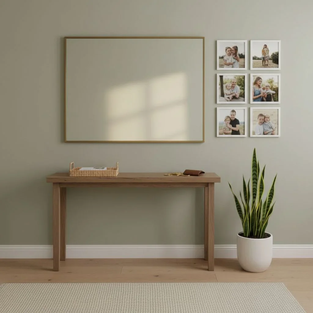 Entryway with mirror and personalized photo wall