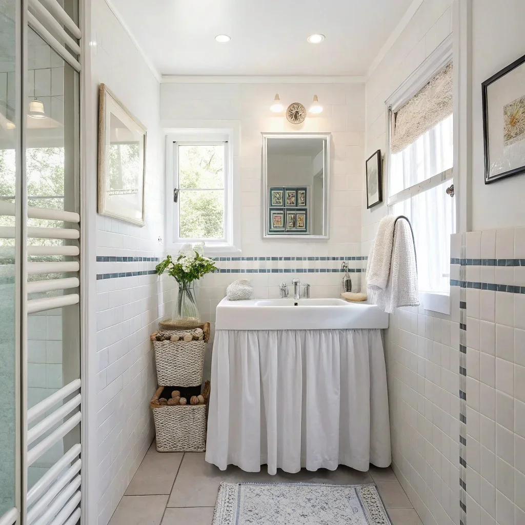 Bathroom with picture frames, on both sides and DIY handbaskets on the left.