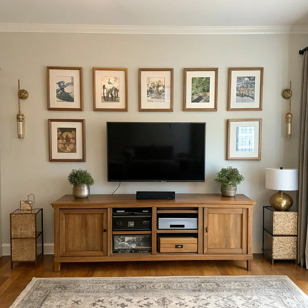 Balanced TV wall decor with framed art evenly placed around the screen, consistent frame colors, clean spacing, and hidden cables to create a cohesive, uncluttered focal point.