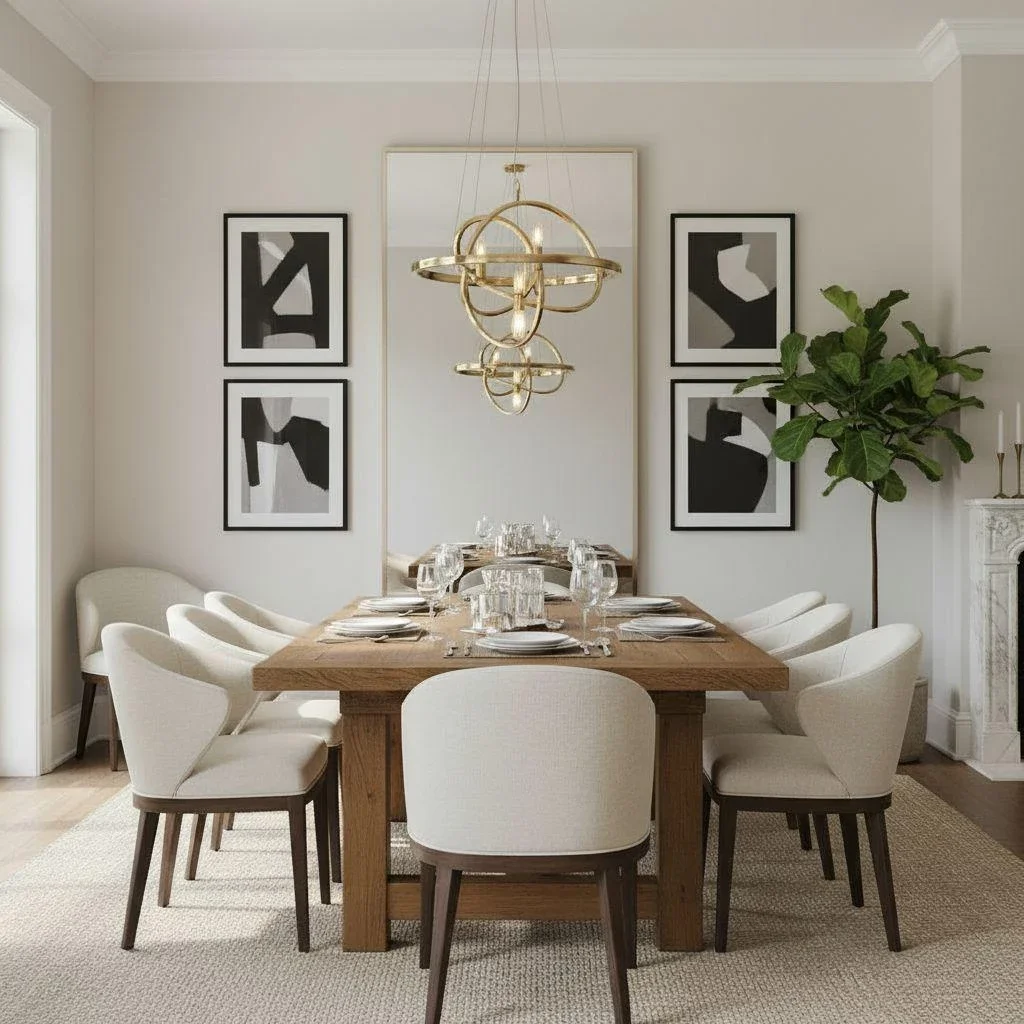 Mirror-centered gallery wall with chandelier reflection