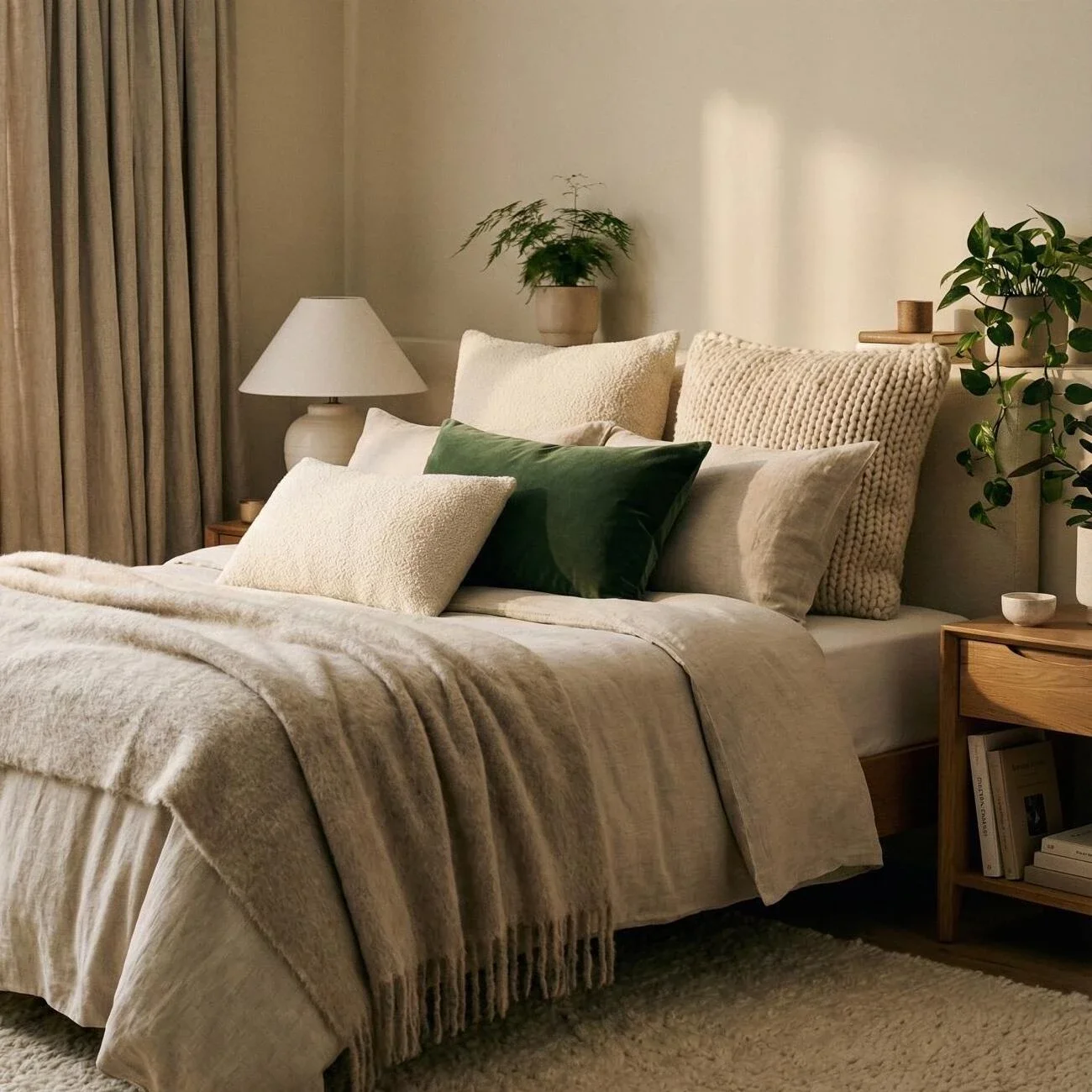 Cozy neutral bedroom with layered bedding and green accent pillow
