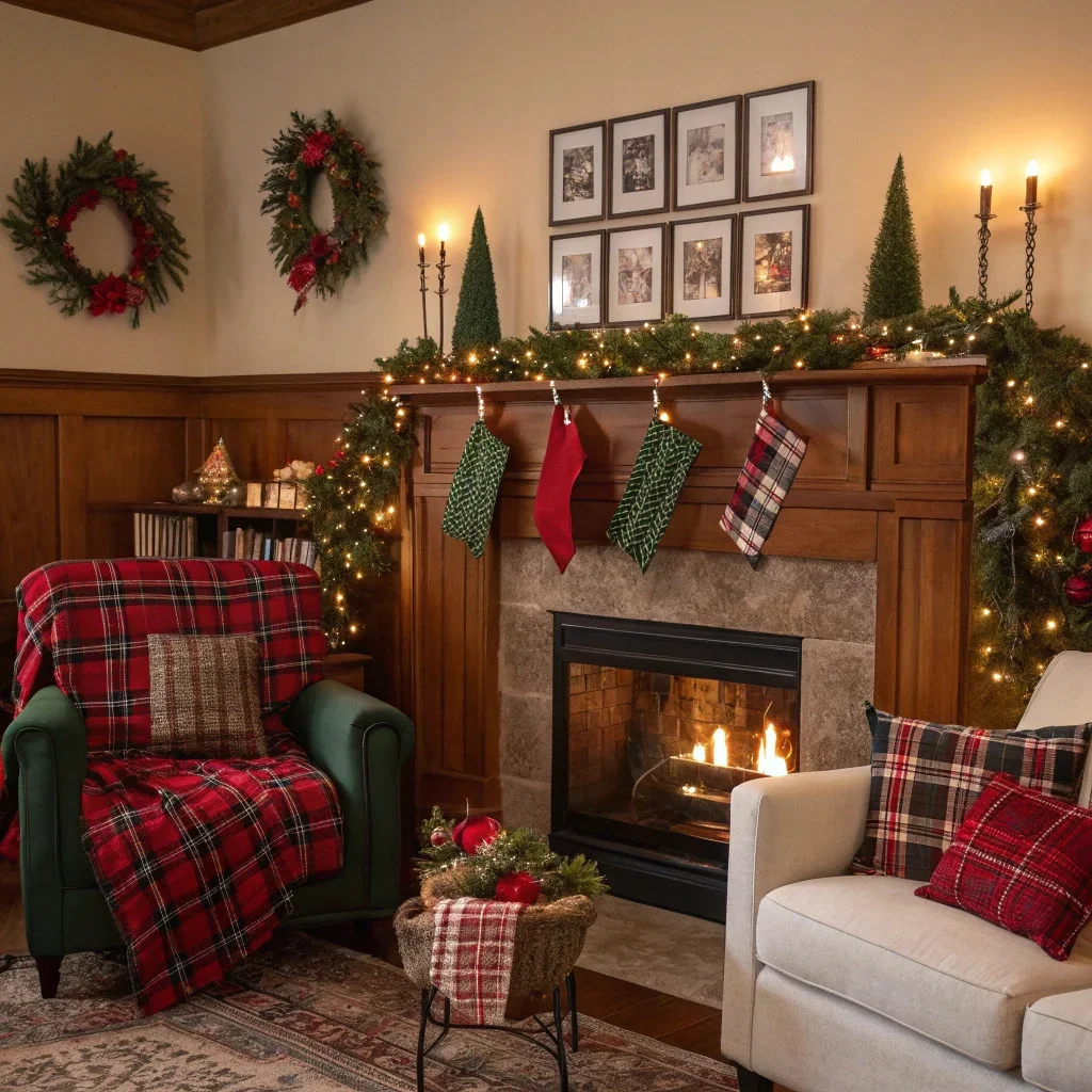 A cozy living room decorated for Christmas in classic red and green, with plaid textiles, stockings, warm wood tones, and a small gallery wall of framed family holiday photos above the sofa.