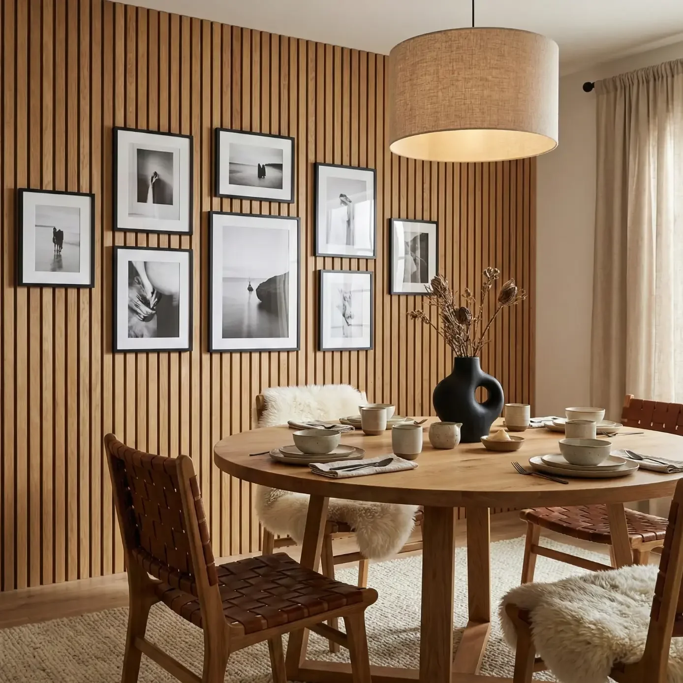 Dining area with slatted wood wall and black and white photos.