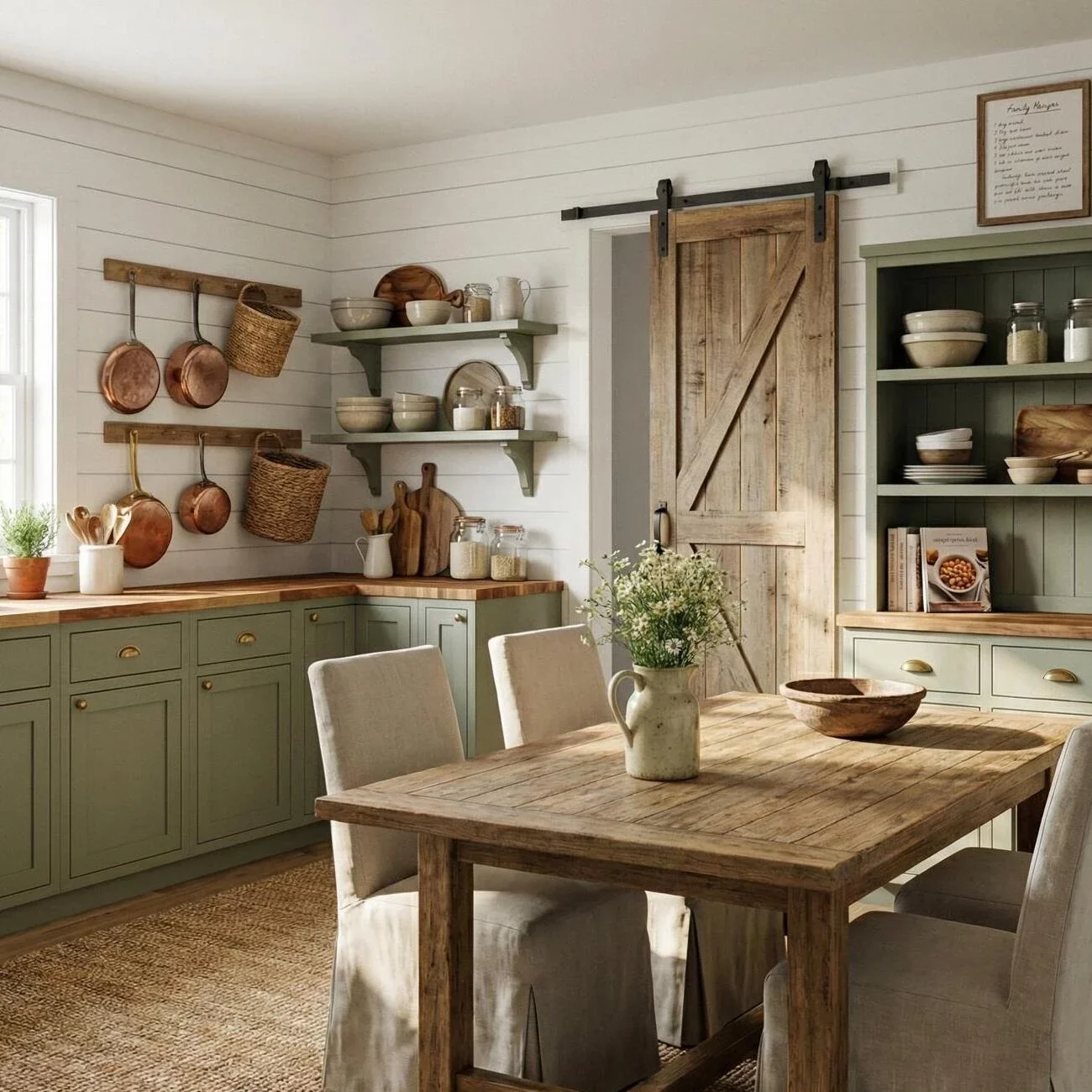 Cozy farmhouse kitchen with green cabinets and rustic wood table