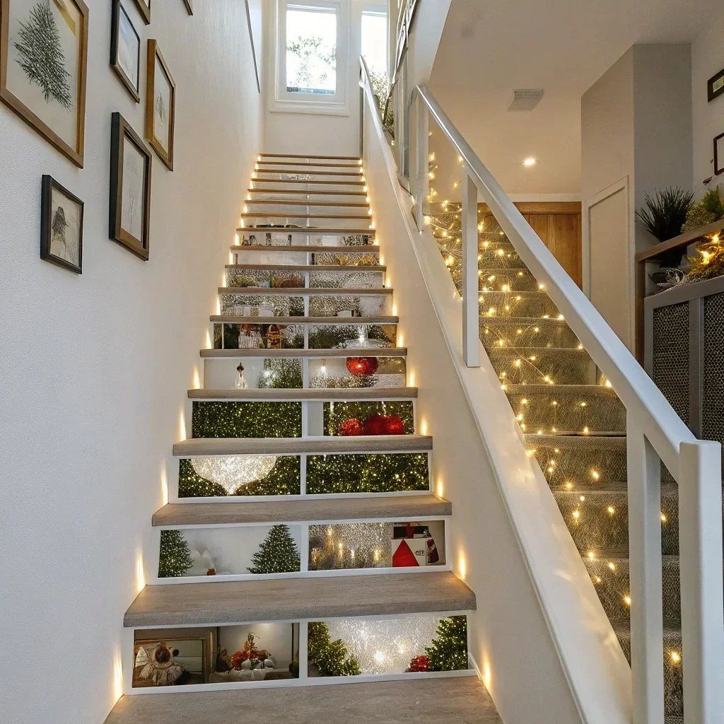 Vertical stack of Christmas themes and wall photo tiles along a staircase.