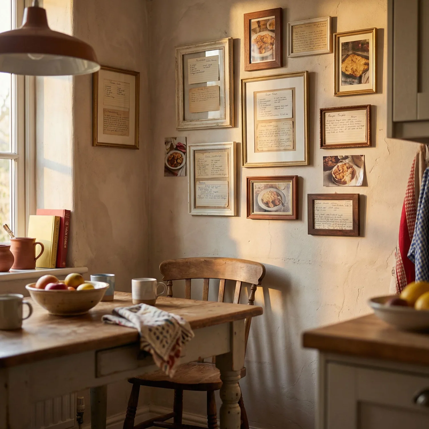 Cozy kitchen nook with framed recipe cards in warm sunlight