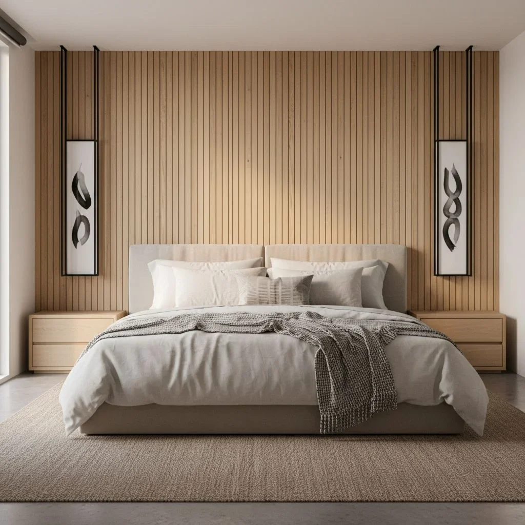 Cozy bedroom with wooden slat wall and minimalist photo decor