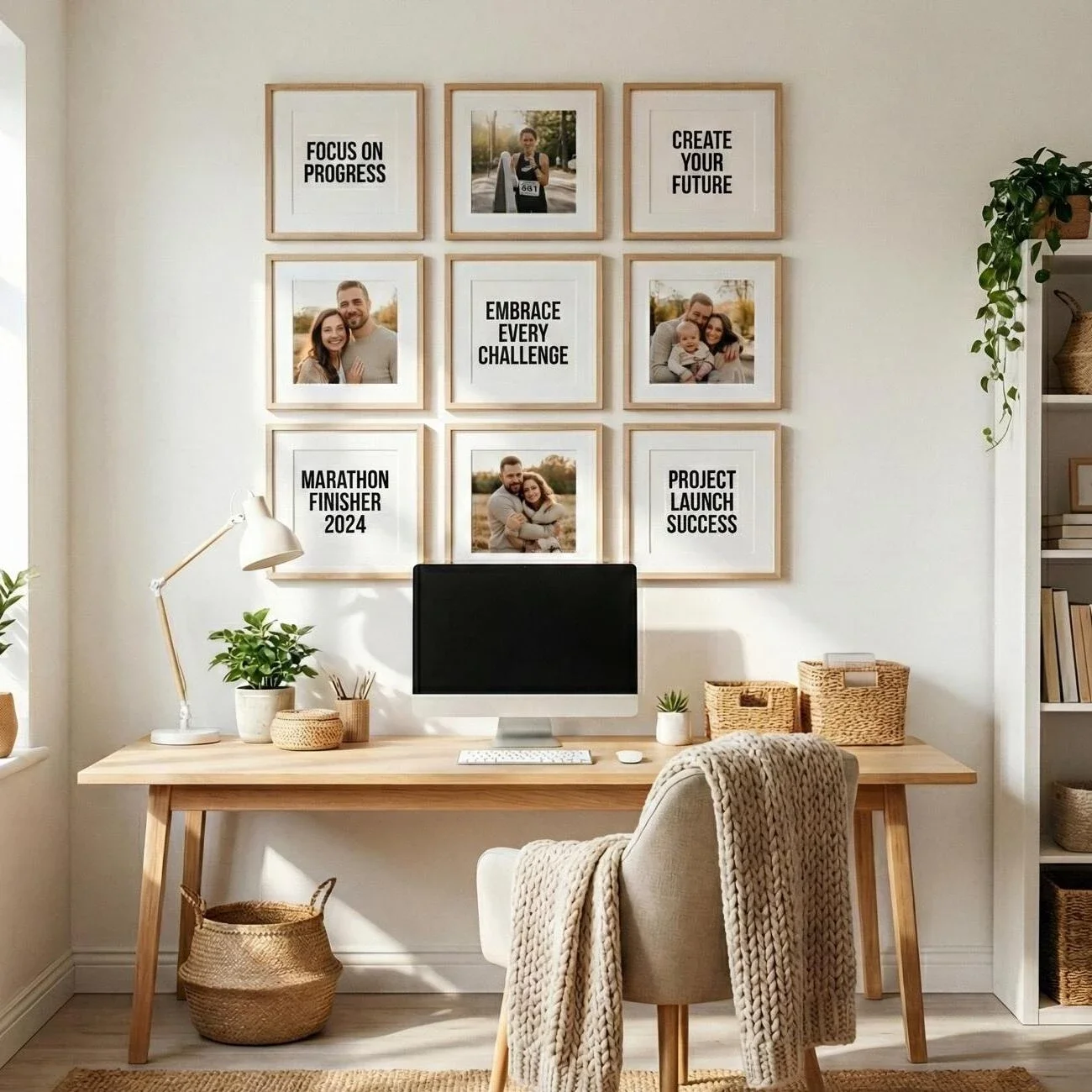 Cozy workspace with computer and motivational frames