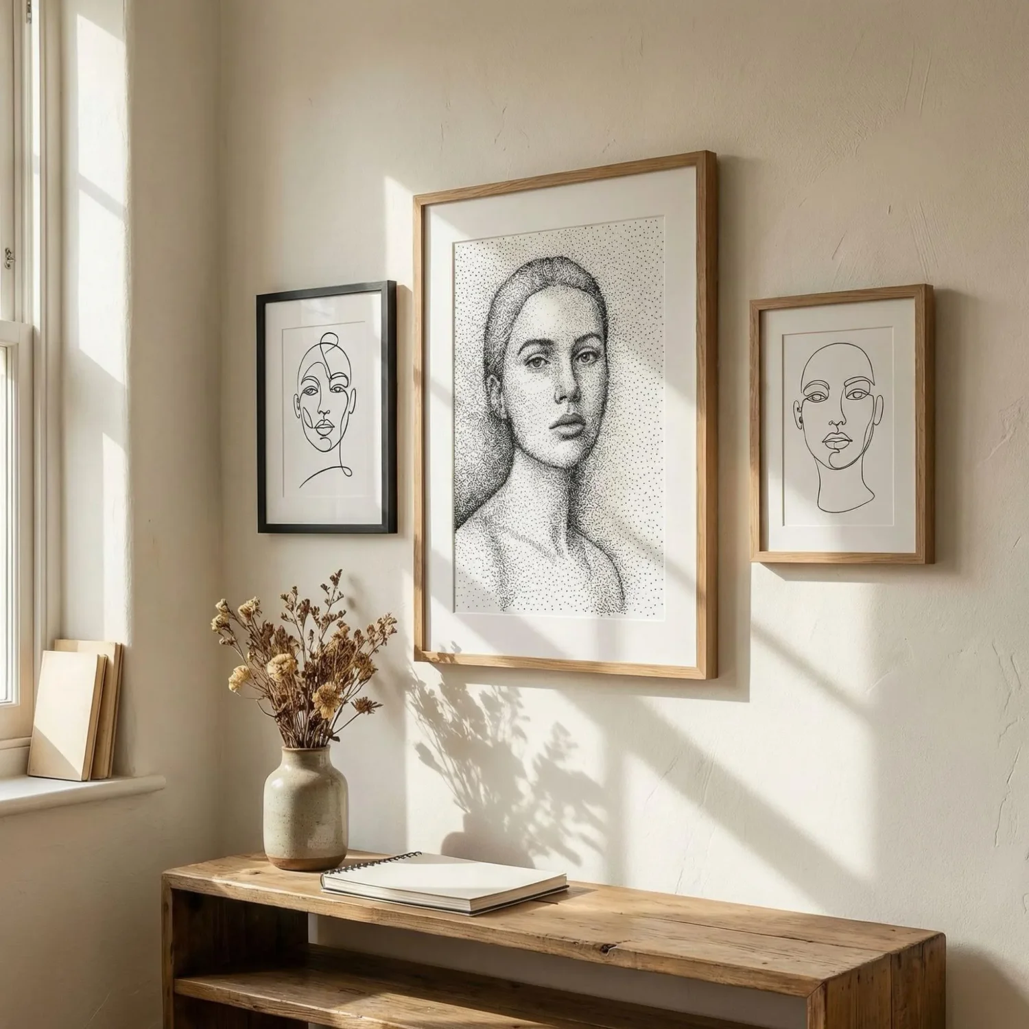 Stippling and continuous line art framed prints