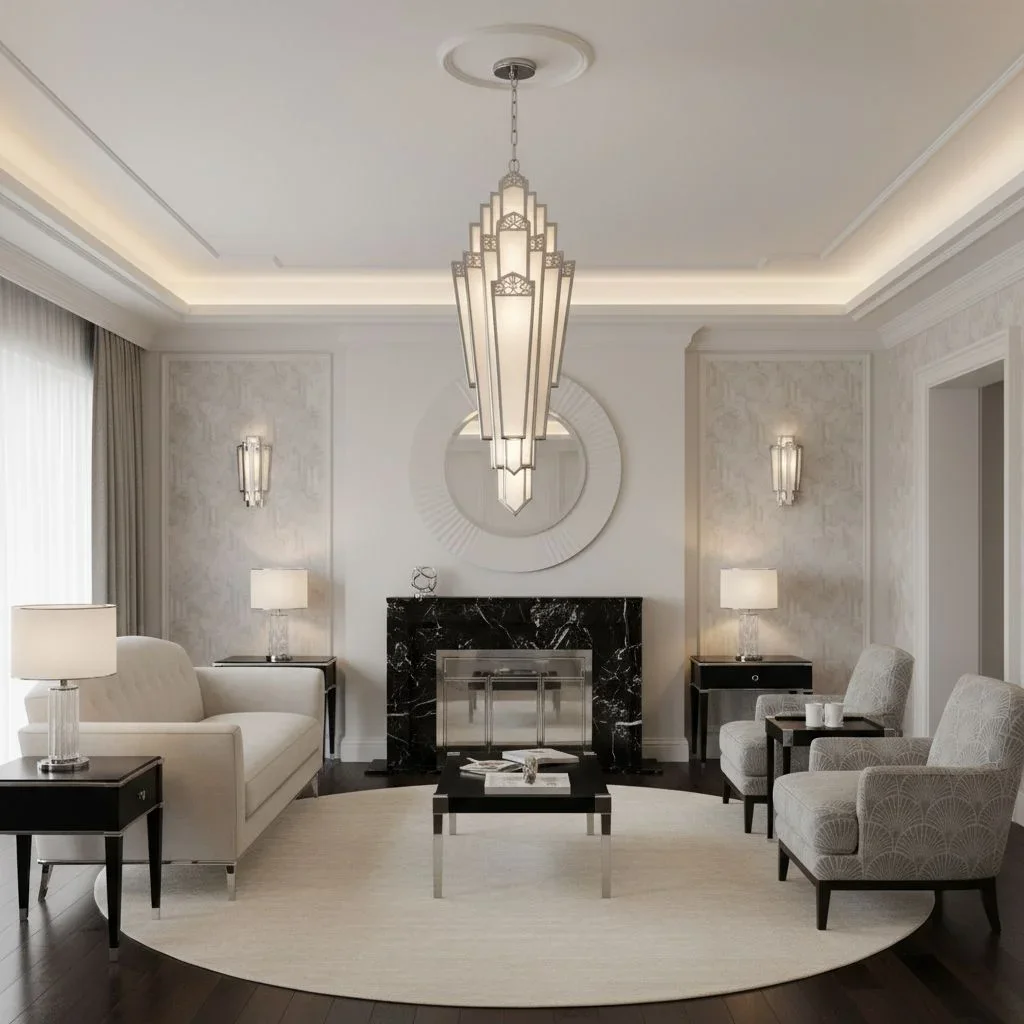 Skyscraper pendant light in 1930s living room