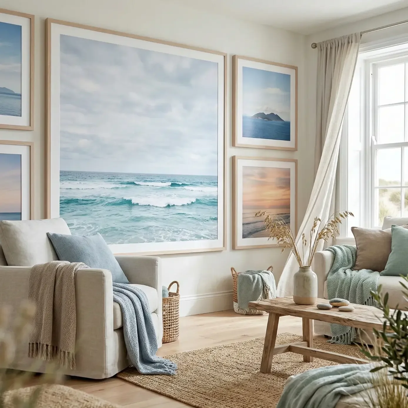 Coastal living room with ocean prints, soft seating, and throws