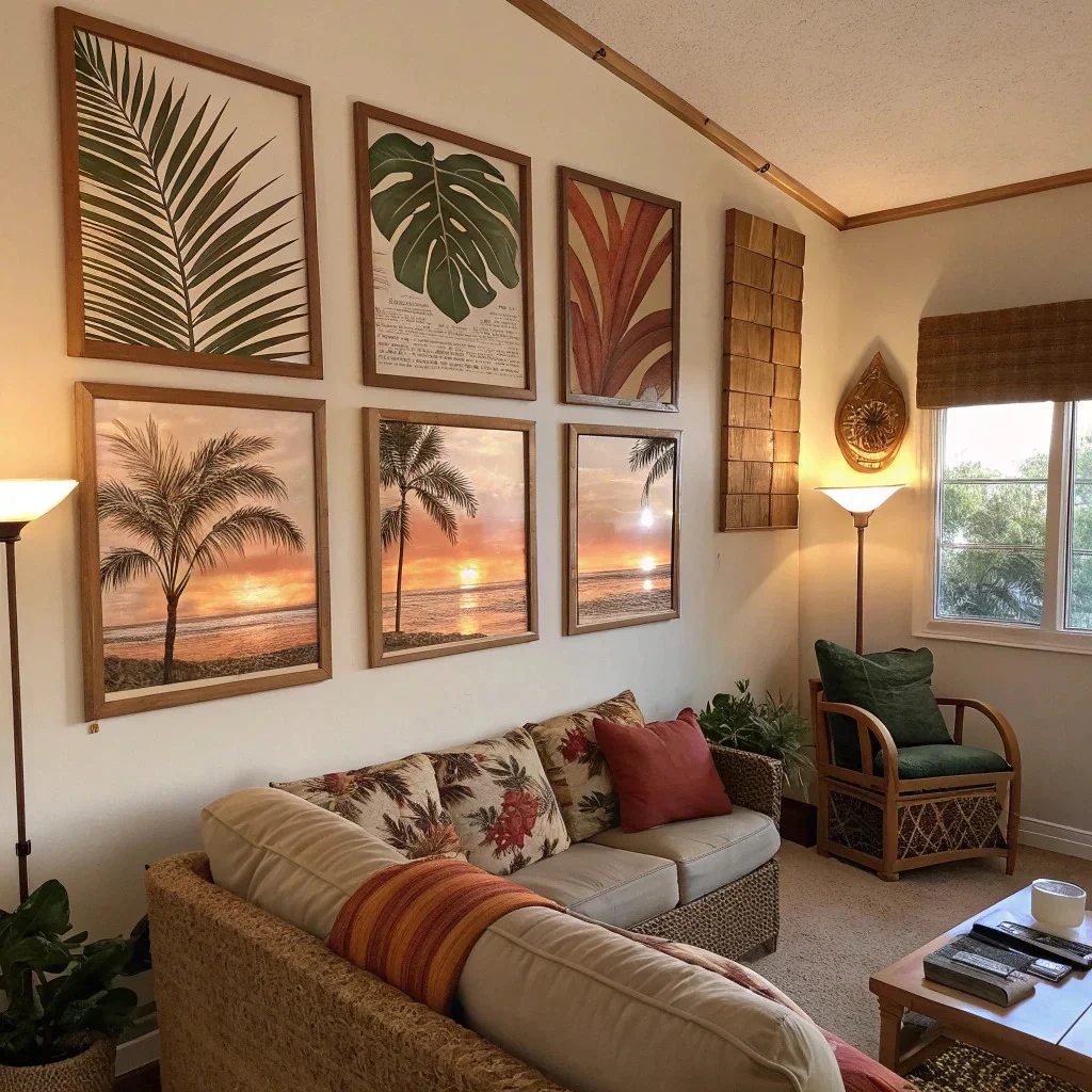 A warm 1980s-inspired gallery wall displaying palm-frond botanicals, beach-day photos, sunsets, and tropical travel imagery in wood or rattan-style frames.