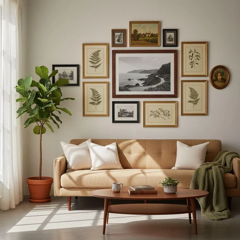 Vintage gallery wall above tan sofa with white pillows