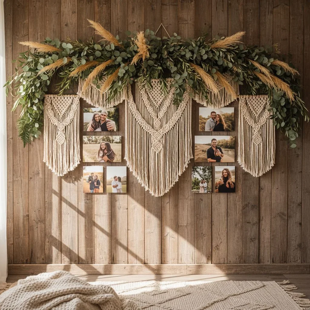 Rustic boho wedding wall decor with personal touches