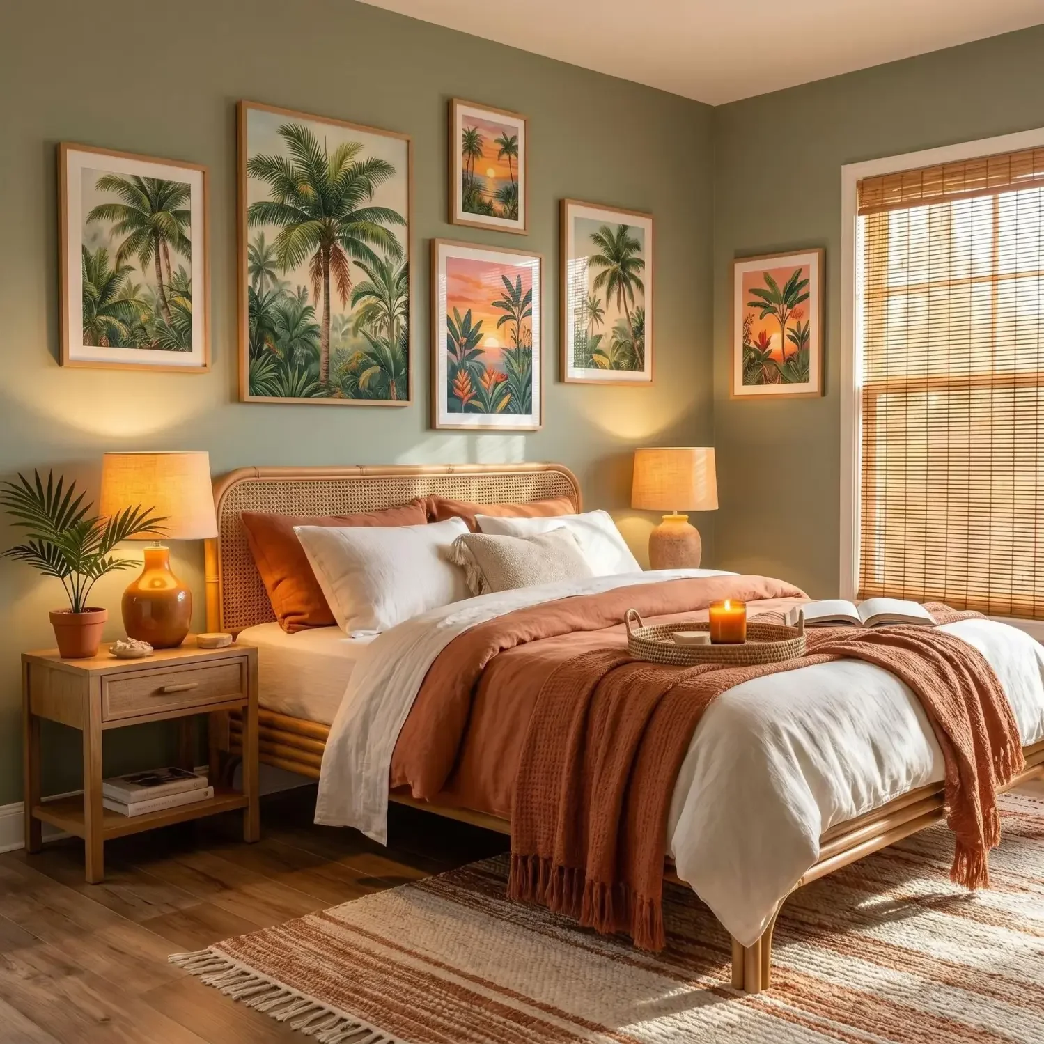 Tropical palm framed prints in bright bedroom