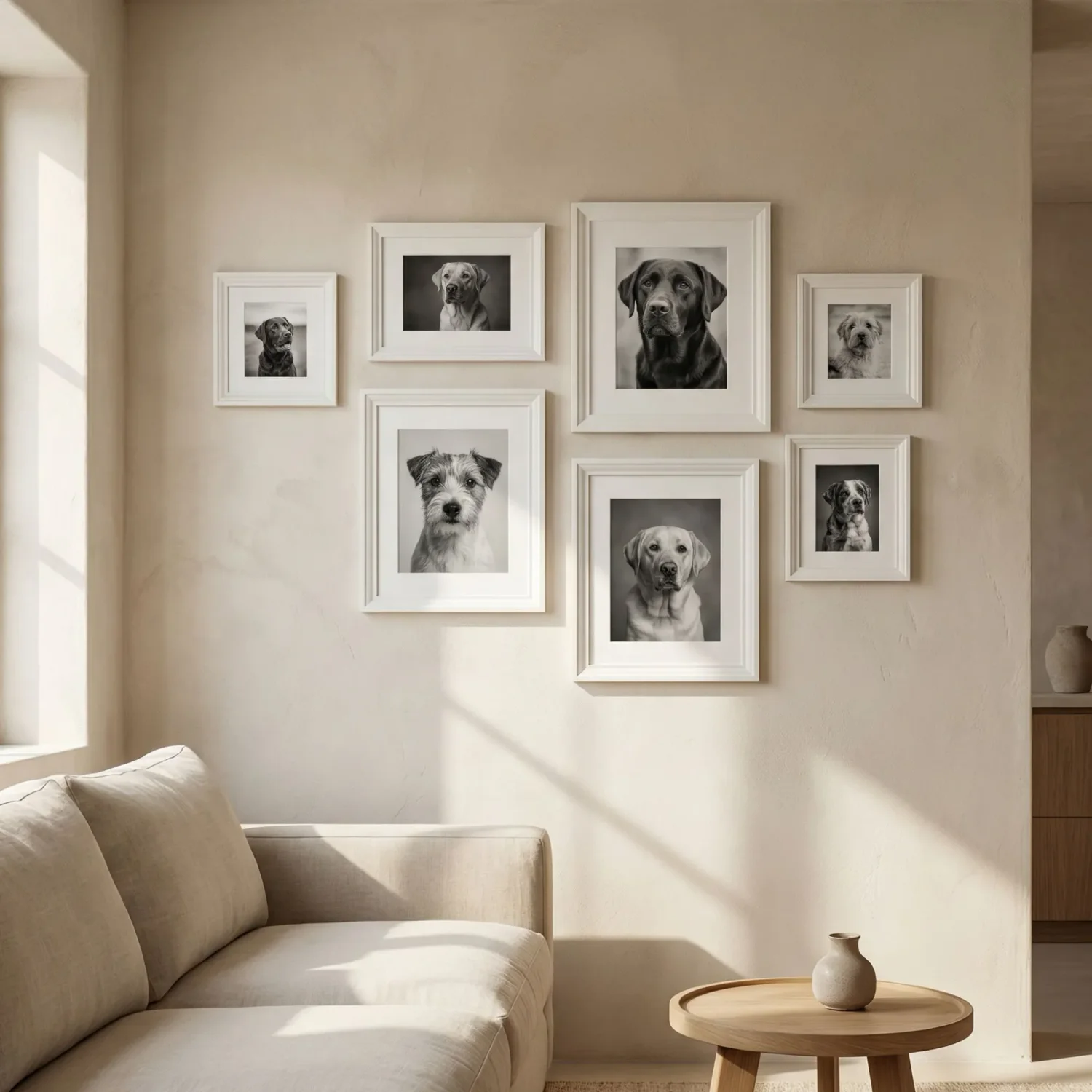 Classic white framed dog portraits on minimalist wall