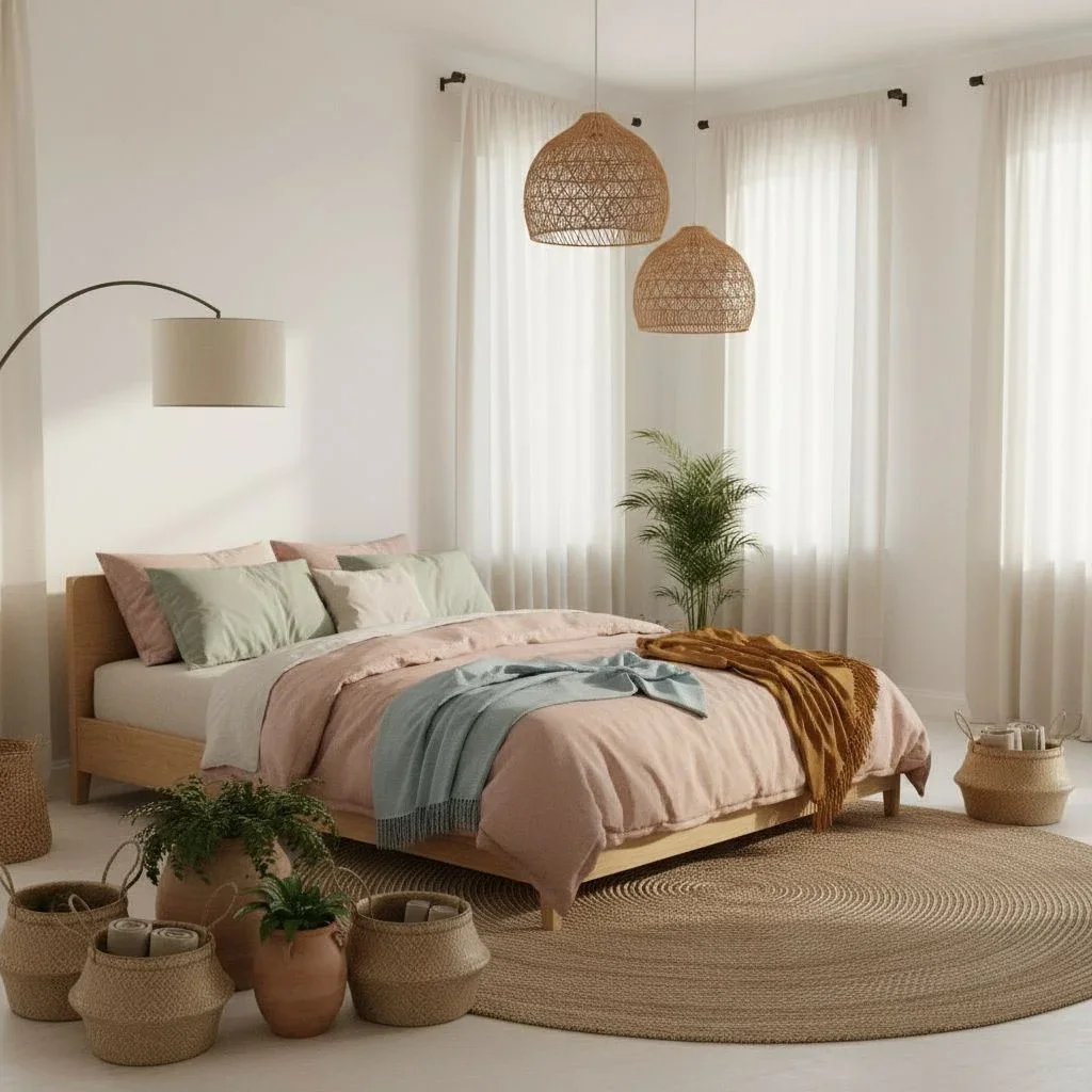 Cozy bedroom with woven headboard and travel photo wall