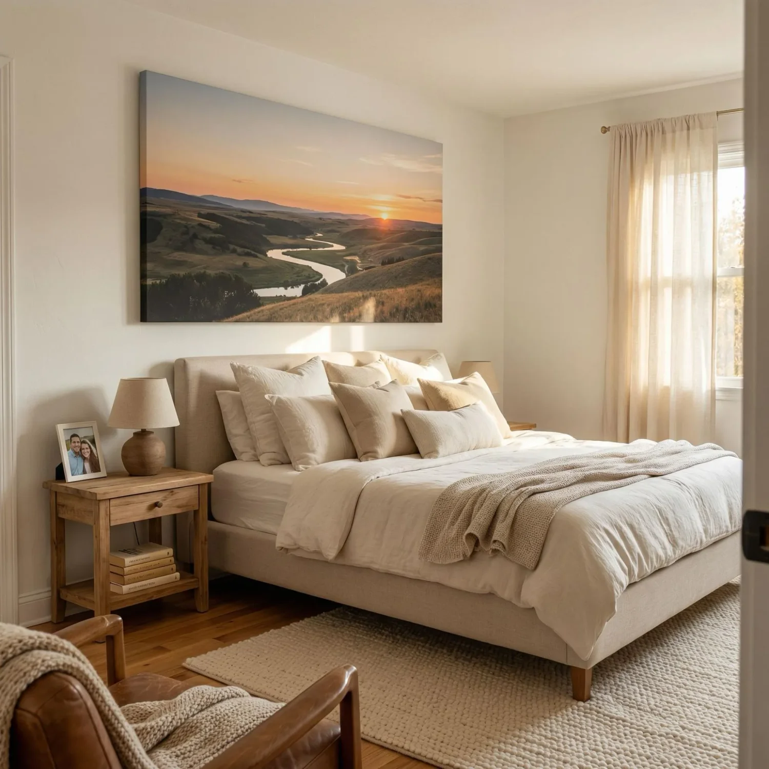 Oversized canvas print above bed as wall statement