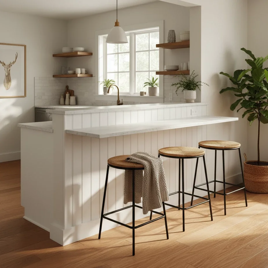 Bright white kitchen with bar and three woven stools