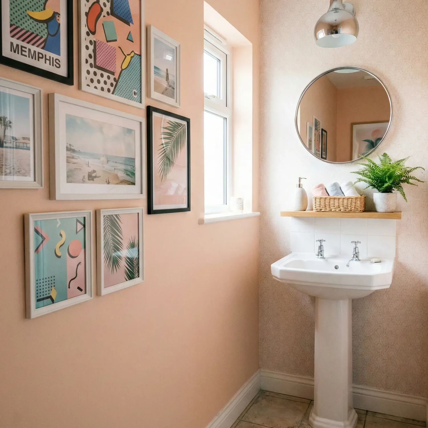 Peach powder room with gallery wall and round mirror