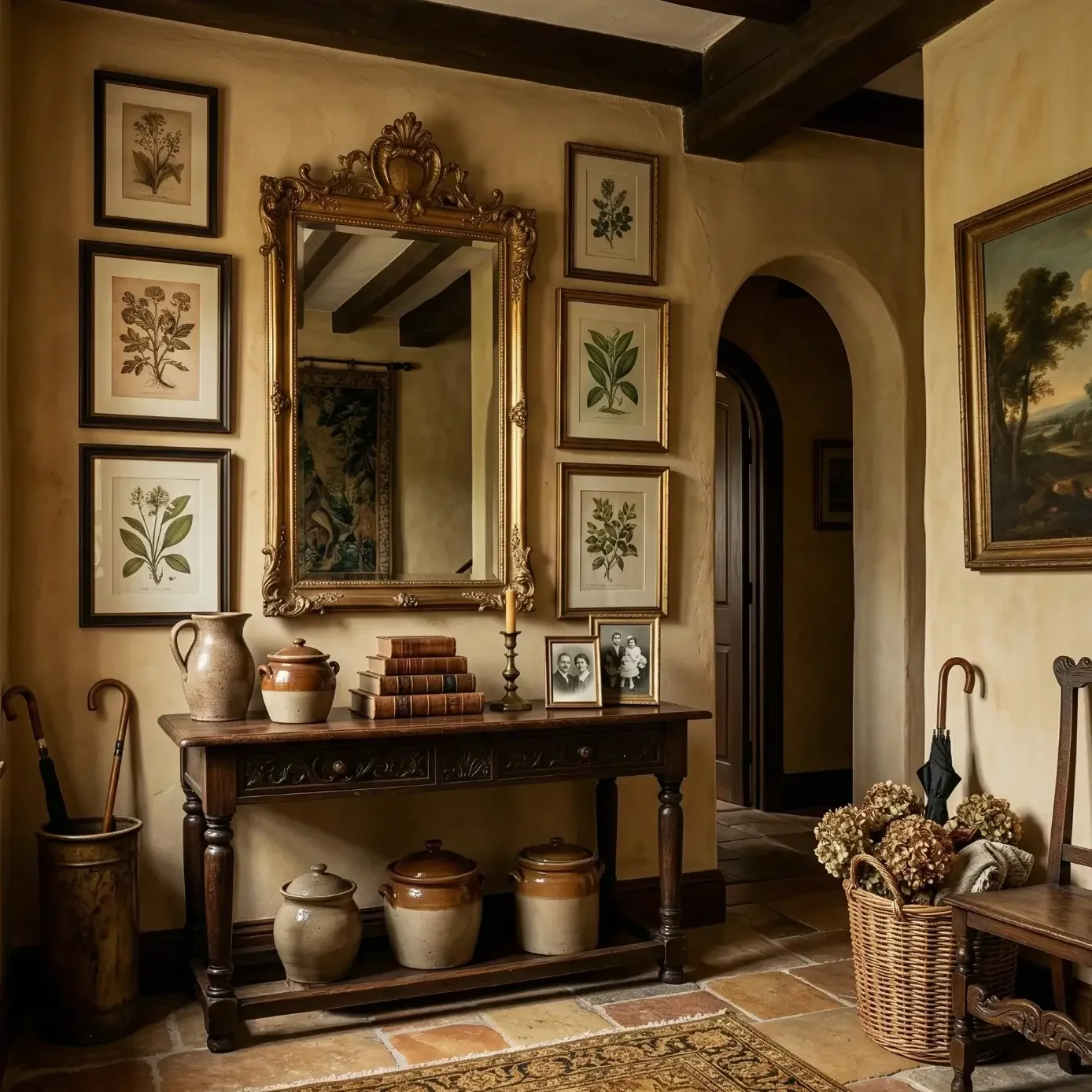 Rustic entryway with ornate mirror, botanical prints, and console