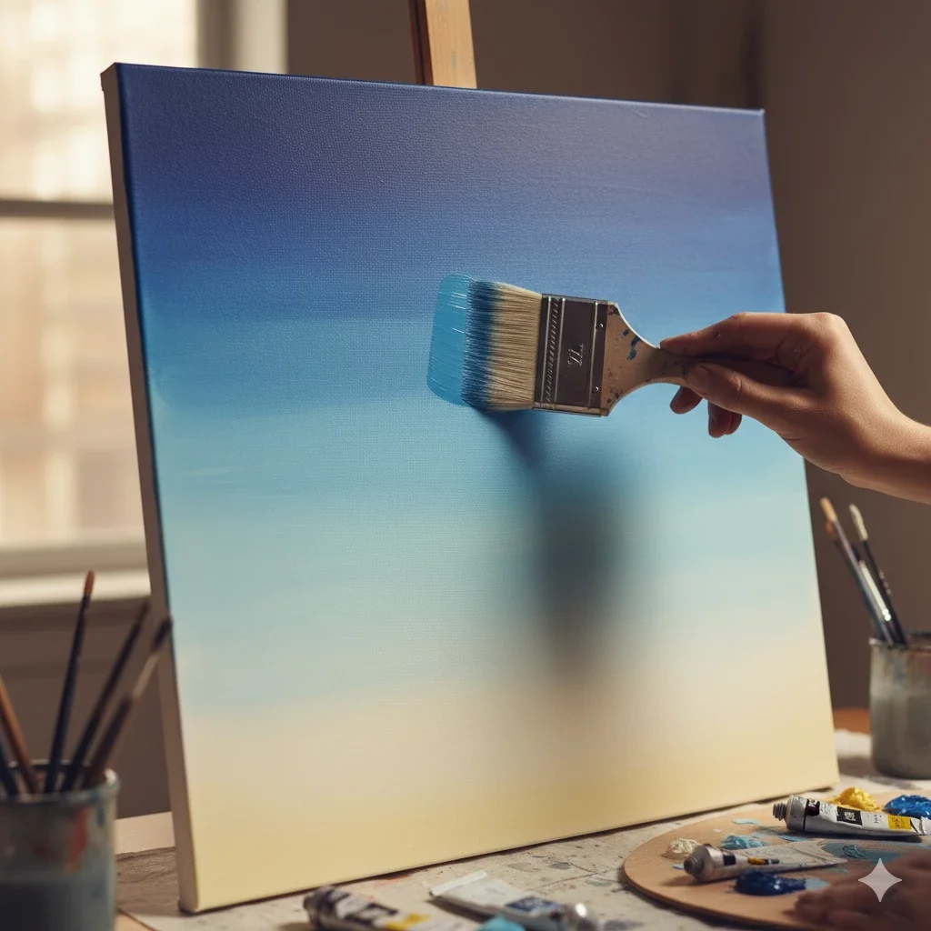 painting blue gradient on canvas with wide brush