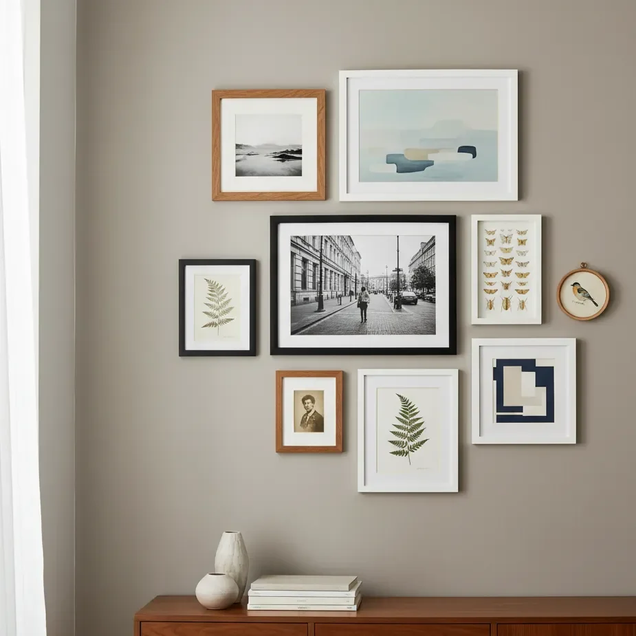 gallery wall above wood credenza on taupe wall