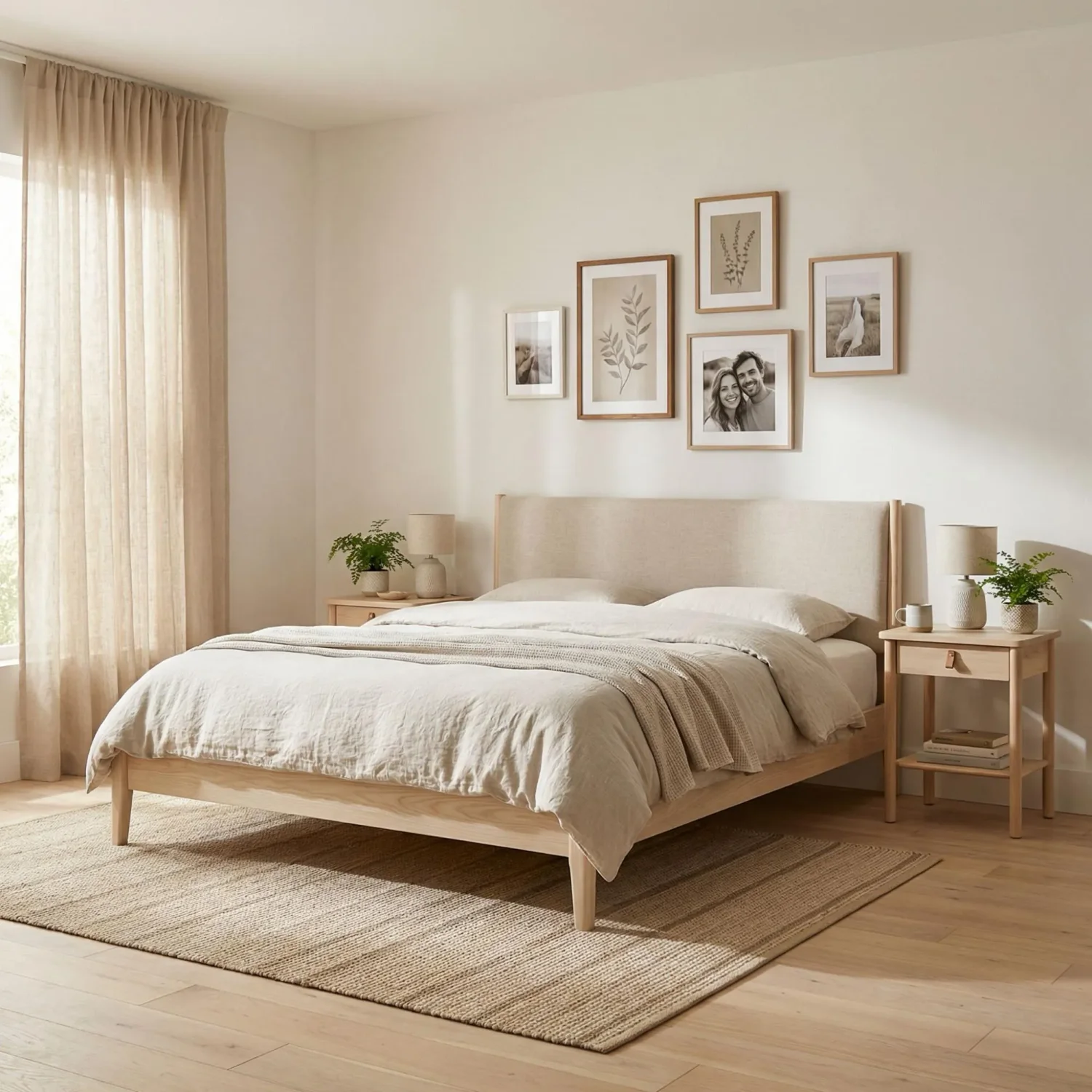 Japandi bedroom with low platform bed and wood nightstands