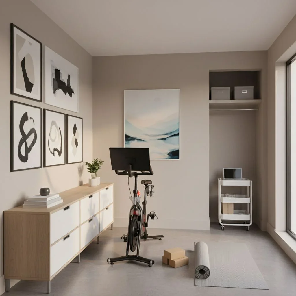 Spare bedroom gym with office setup