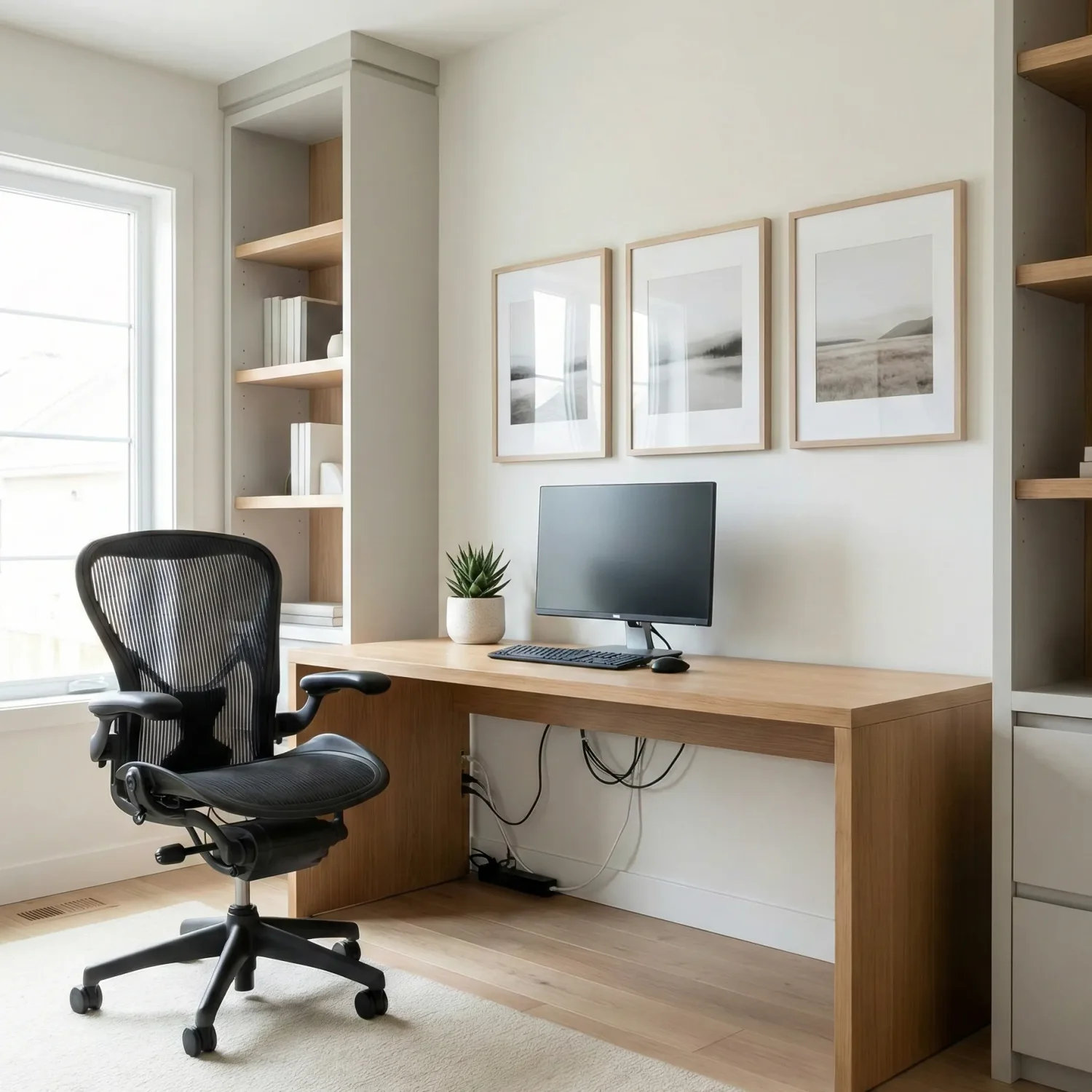 Minimal home office with wood desk, monitor, and shelving
